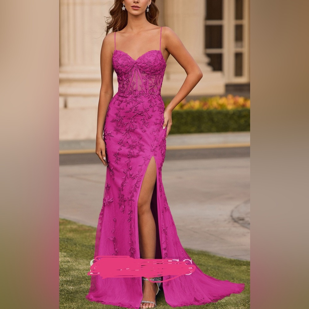 Elegant Fuchsia Lace Maxi Dress with Side Slit